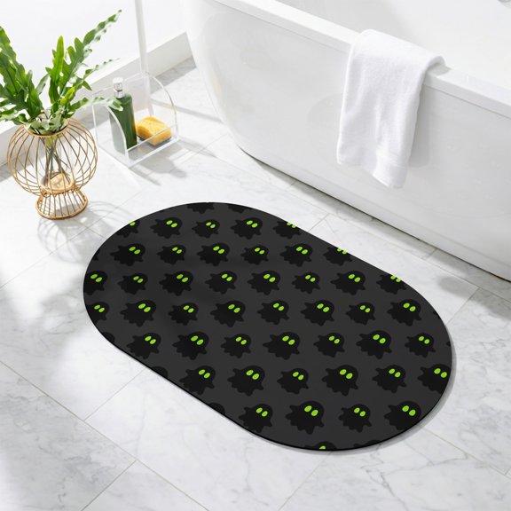 Halloween Bathroom Rug Cute Oval Bath Mat Non-Slip Washable Bath Rug Absorbent Soft Microfiber Black Spooky Green Eyes Ghost Floating Floor Mat for Bathroom Kitchen Bedroom Shower Room Decor 16"x24"