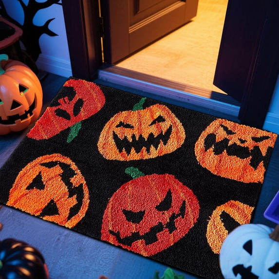 Halloween Bathroom Rug, Pumpkin Bath Mat for Fall Home Decor, Soft Non-Slip Absorbent Microfiber Floor Carpet for Shower Tub Kitchen Bedroom Seasonal Decor, 1Pack A