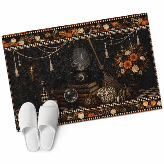 Halloween Bathroom Rug Washable 2x3 Entryway Rug Non Slip Pumpkins Magic Broom Mystical Striped Front Door Mat Low Pile Indoor Doormat Throw Floor Carpet for Kitchen Bedroom Entrance