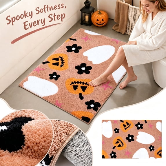 Halloween Bathroom Rugs, 23.62x15.75 inch Jack O Lantern Ghost Floral Bath Mat, Non-Slip Soft Fluffy Fall Holiday Floor Carpet for Indoor Entryway Bathroom Bedroom Farmhouse Home Decoration