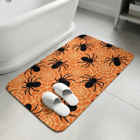 Halloween Bathroom Rugs Non Slip Washable Bath Mat Absorbent Front Door Mat Fall Black Spiderwebs Halloween Orange Webs Indoor Doormat for Kitchen Entryway Shower Decor Accessories 15.7"x23.6"
