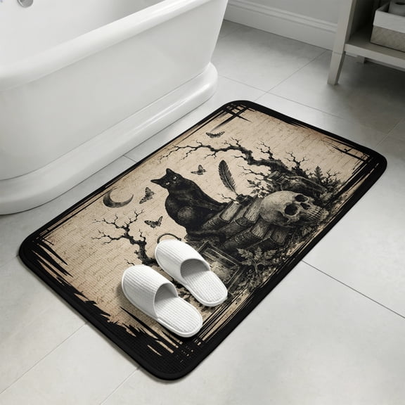 Halloween Bathroom Rugs Non Slip Washable Bath Mat Absorbent Front Door Mat Vintage Rustic Skeleton Skull Cats Branches Beige Indoor Doormat for Kitchen Entryway Shower Decor Accessories 15.7"x23.6"
