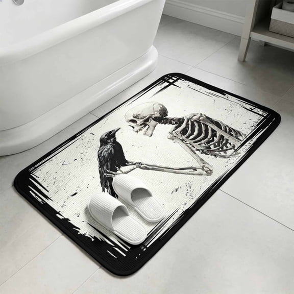 Halloween Bathroom Rugs Non Slip Washable Bath Mat Absorbent Low Pile Front Door Mat Black White Skull Crow Indoor Doormat for Kitchen Entryway Shower Decor Accessories 15.7"x23.6"