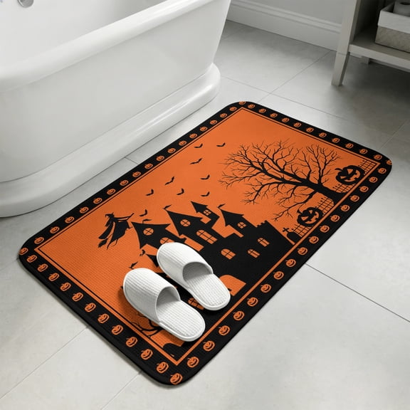 Halloween Bathroom Rugs Non Slip Washable Bath Mat Absorbent Low Pile Front Door Mat Orange Black Pumpkin Ghost Castle Witch Indoor Doormat for Kitchen Entryway Shower Decor Accessories 15.7"x23.6"