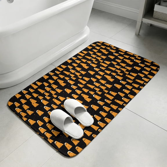 Halloween Bathroom Rugs Non Slip Washable Bath Mat Absorbent Low Pile Front Door Mat Orange Cartoon Ghost Elf Black Background Indoor Doormat for Kitchen Entryway Shower Decor Accessories 15.7"x23.6"