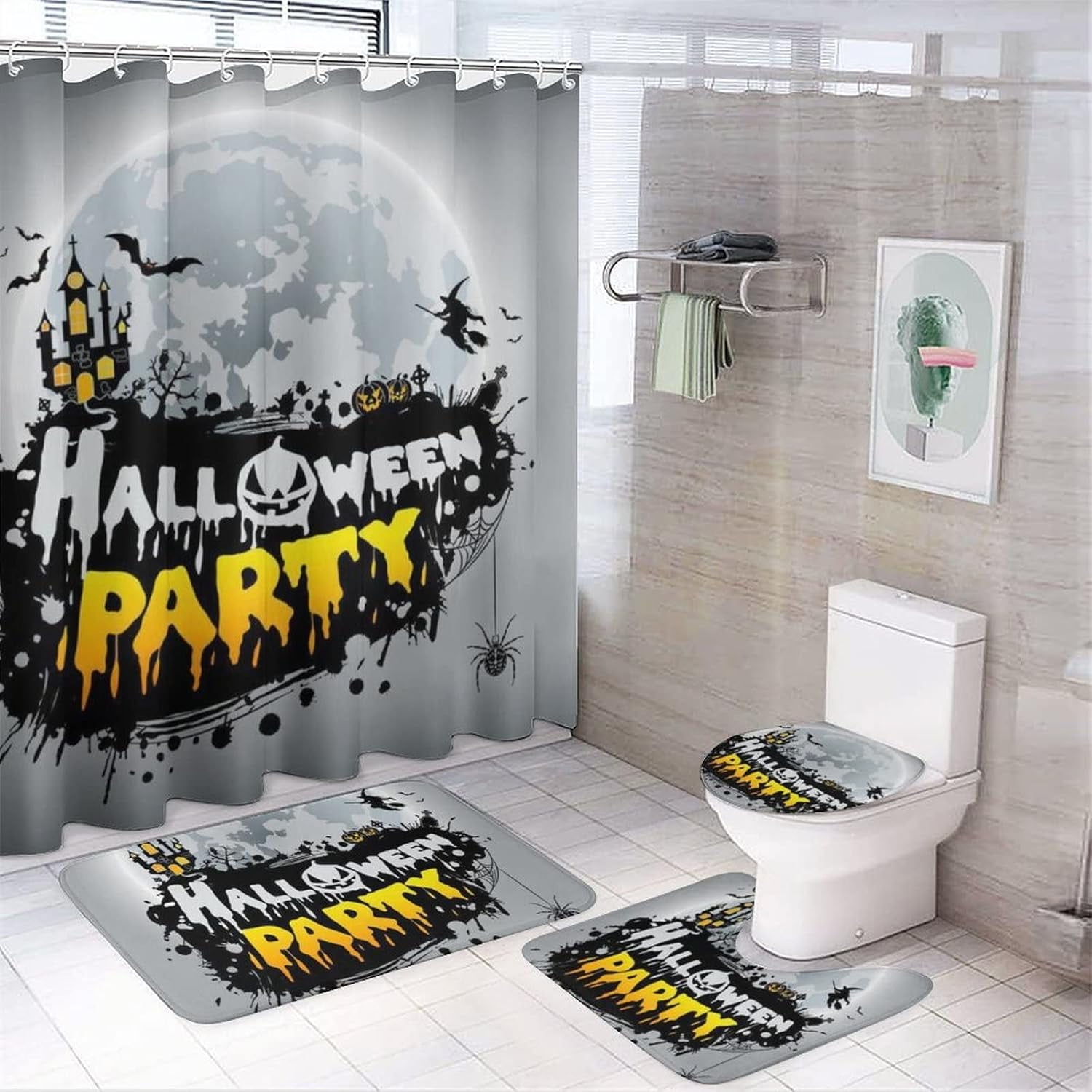 Halloween Bathroom Set of 4 with Non-Slip Rugs, Toilet Lid Cover And ...