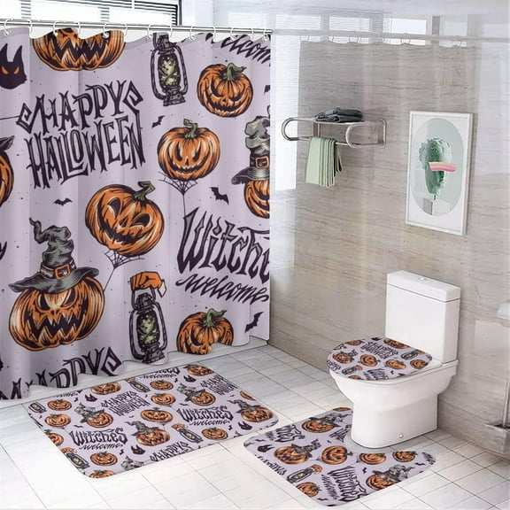 4Pcs Halloween Shower Curtain Sets with Non-Slip Rugs, Toilet Lid Cover and Bath Mat, Halloween Orange Ghost Graveyard Bathroom Set of 4 with Waterproof Bathroom Decor Sets with Curtain and Rugs