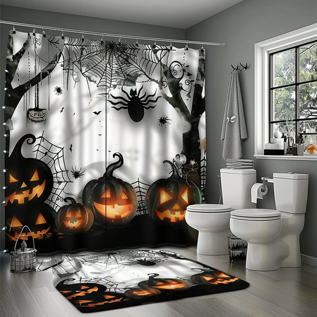 Halloween Bathroom Set Shower Curtain with Pumpkin Spider Web Ghost