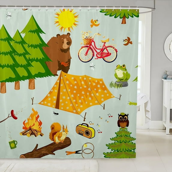 Happy Camping Shower Curtain Camping Shower Curtain RV Camping Fabric Bathroom Shower Curtain Set Camper Accessories Suitable for Travel Trailers66"x72"