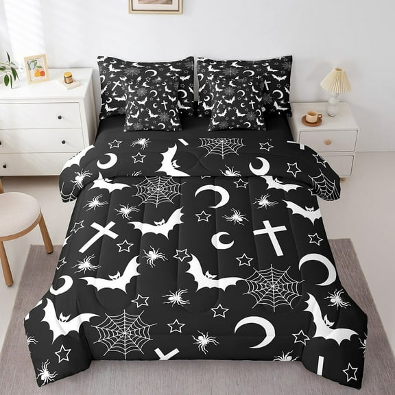 Halloween Bats Bed in a Bag Queen Comforter Set 7 Piece,Gothic Bedding Set Stars Moon Silhouette Sheet Set with Comforter,Tombstones Halloween Decor Cobwebs Halloween Decorations,Black Bed Set