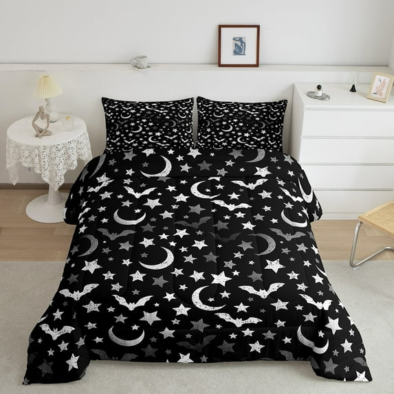 Halloween Bats Bedding Twin Festival Theme Comforter Set, Grunge Moon Print Bedding Comforter Sets Psychedelic Stars Duvet Insert, Black and White Down Comforter Bedroom Halloween Decorations