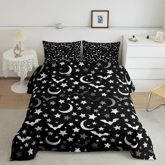 Halloween Bats Bedding Twin Festival Theme Comforter Set, Grunge Moon Print Bedding Comforter Sets Psychedelic Stars Duvet Insert, Black and White Down Comforter Bedroom Halloween Decorations