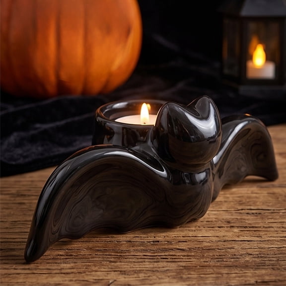 Halloween Bats Ceramic Candlestick, Black Gothic Design for Spooky Home Decor, Perfect for Bedrooms and Living Rooms