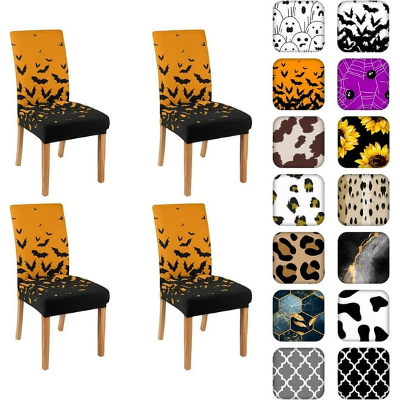 Halloween Bats Chair Covers for Dining Room Set of 4, Orange Stretch Dining Chair Cover 4 Pieces, Washable Kitchen Parsons Chair Slipcovers 4 Pack, Removable Seat Protector for Home and Party