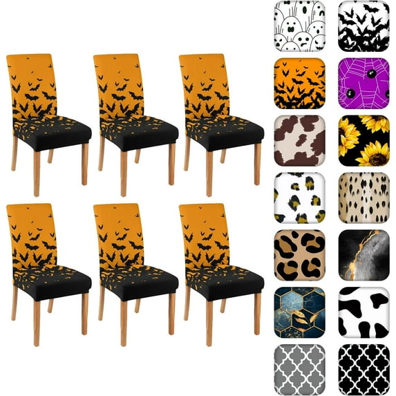 Halloween Bats Chair Covers for Dining Room Set of 6, Orange Stretch Dining Chair Cover 6 Pieces, Washable Kitchen Parsons Chair Slipcovers 6 Pack, Removable Seat Protector for Home and Party