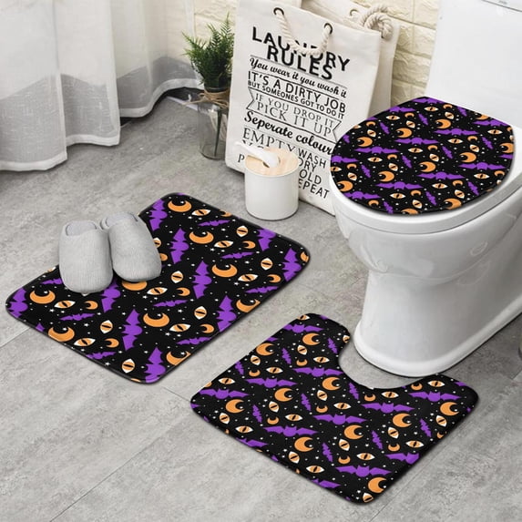 Halloween Bats Moons and Eyes Bathroom Rugs Sets 3 Piece,Toilet Cover Set,Absorbent Non Slip Bathroom Mats Sets with U-Shaped Contour Rug Toilet Rug Set