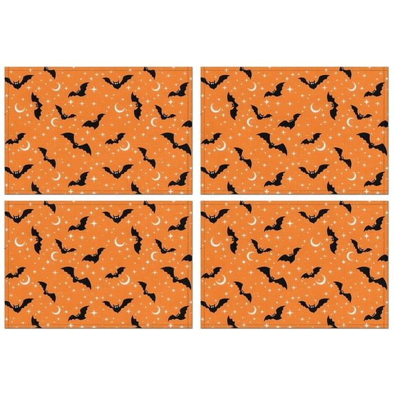 Halloween Bats with Moons and Stars Summer Placemats Table Placemats Set Of 4-Linen Kitchen Washable Placemats Table Mats 11.8"x17.7" Non-Slip Heat Resistant