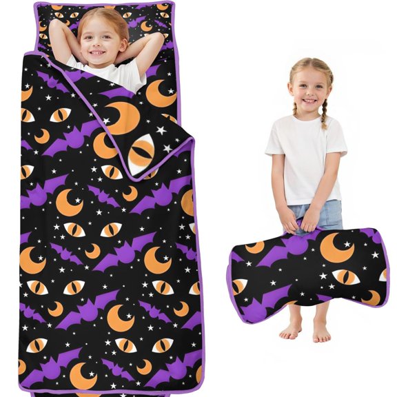 Halloween Bats Moons and Eyes Toddler Nap Mats for Kids Preschool,60"x20" Sleeping Mat Bag or Kids,Toddler Sleeping Bag,Toddler Nap Mat or Daycare
