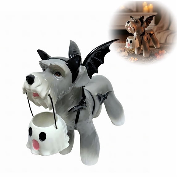 Halloween Bats Schnauzer Ghost Bucket, 10" Resin Schnauzer Bat Figurine with Ghost Bucket, Cute Spooky Statue for Home Mantel Shelf Halloween Decoration,1 PCS