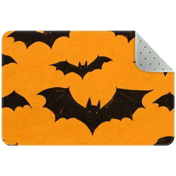 Halloween Bats Silhouette on Orange Background Small Area Rug, Non-Slip Door Mat Indoor Floor Mat, Washable Kitchen Rug Entrance DMat for Bedroom Living Room