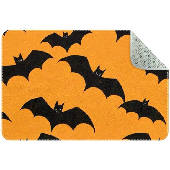 Halloween Bats Silhouette Orange Background Small Area Rug, Non-Slip Door Mat Indoor Floor Mat, Washable Kitchen Rug Entrance DMat for Bedroom Living Room