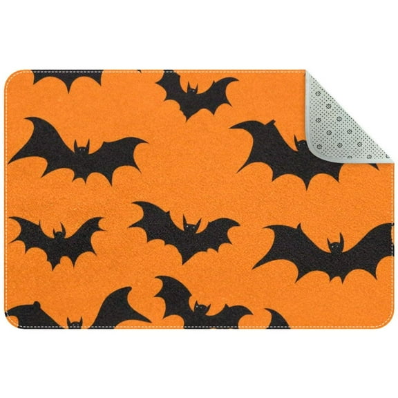 Halloween Bats Silhouette on a Orange Background Small Area Rug, Non-Slip Door Mat Indoor Floor Mat, Washable Kitchen Rug Entrance DMat for Bedroom Living Room