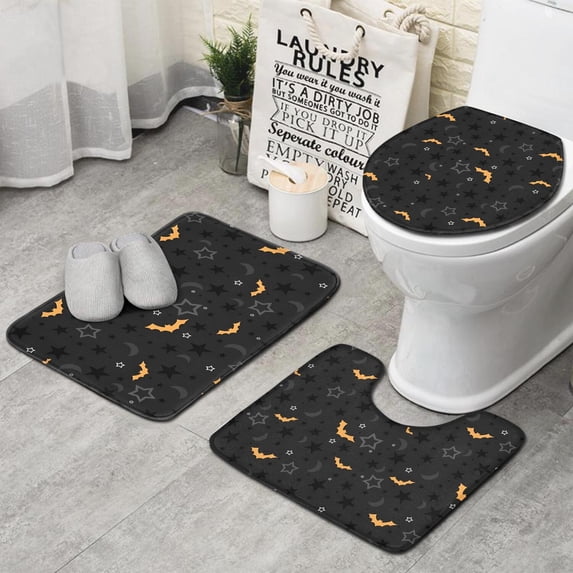Halloween Bats and Stars Pattern Bathroom Rugs Sets 3 Piece,Toilet Cover Set,Absorbent Non Slip Bathroom Mats Sets with U-Shaped Contour Rug Toilet Rug Set
