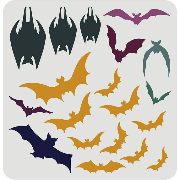 Halloween Bats Stencil 30x30cm Reusable Halloween Theme Drawing Stencil Plastic Scary Bats Pattern Stencil for Painting on Wall Canvas Tile Furniture and Paper
