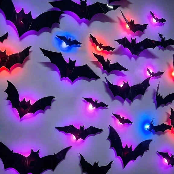 Halloween Bats Wall Decor, 12 Pack 3D LED Bat Lights, Purple Blue Red, Indoor Outdoor