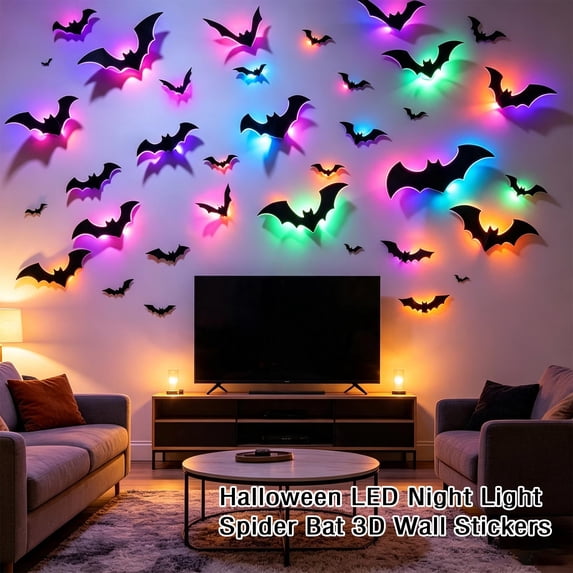 Halloween Bats Wall Decor Halloween Decorations Outdoor LED Lighted 3D Bat Stickers with Glow Effect for Indoor Home Garage Window Party Supplies,B-60PCS