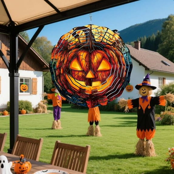 Halloween Bats and Jack-O-Lantern Rotating Wind Chime for Outdoor Use - Colorful Yard Decor with Moving Pendants for Spooky Ambiance