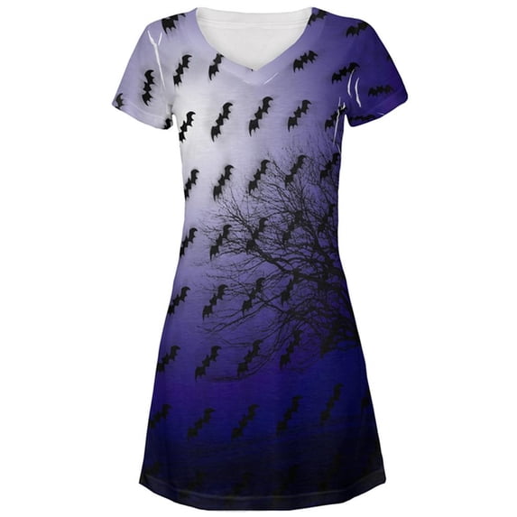 Halloween Bats in the Full Moon Light All Over Juniors Beach Cover-Up Dress Multi SM