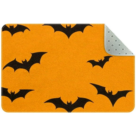 Halloween Bats on Orange Background Small Area Rug, Non-Slip Door Mat Indoor Floor Mat, Washable Kitchen Rug Entrance DMat for Bedroom Living Room