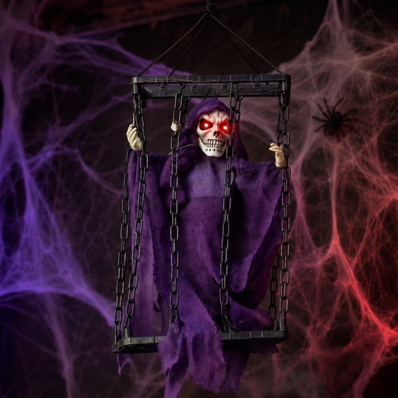 Halloween Battery-Activated Light-Up Ghost with Scary House Props, Rvkxad Hanging Skeleton Ghost Cage Decorations, Fun Interactive Toys for Parties and Holidays Purple