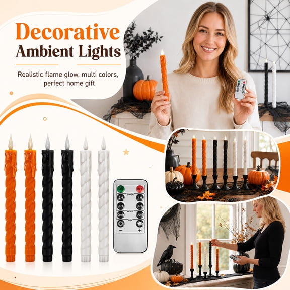 Halloween Battery Candle Bundle, Black Led Candles, Candles with Remote, Battery Operated Candles with Timer, 6-Pack 10X1 Inch Black Spiral Dripless Flameless Taper Candle Set