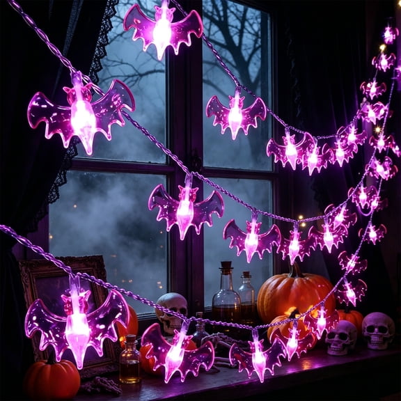 Halloween Battery String Lights, 1.5M Purple Glow Garland, AA Powered Fairy Decor, Hangs Flexibly and Adds Spooky Festive Sparkle for Party Table, Window Frame, and Porch Display.