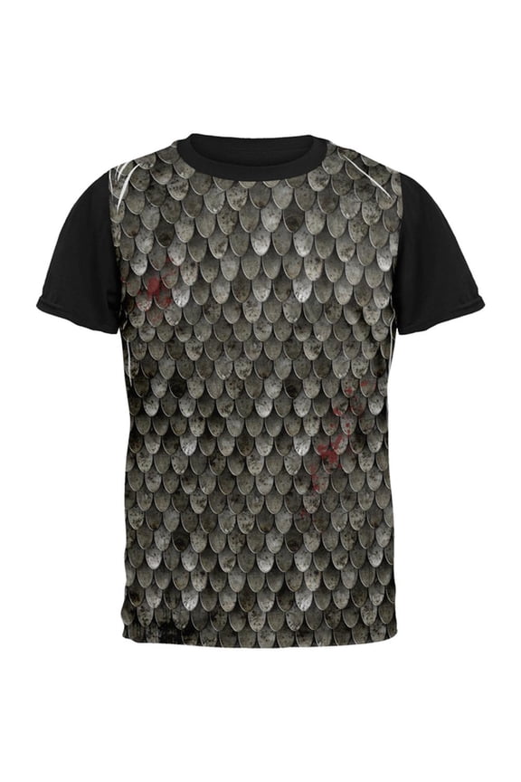 Halloween Battle Damage Steel Scale Armor Costume All Over Mens Black Back T Shirt