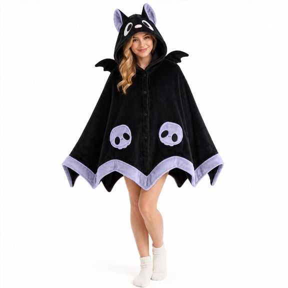 Halloween Batwing  Coral Fleece Hooded Cape Poncho Blanket Sleepwear Throw For Home Nap Sofa