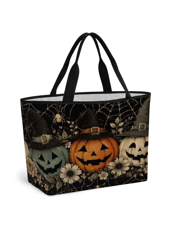 Halloween Beach Bag for Women, Large Breathable Mesh Beach Tote Bag, Evil Pumpkins Daisy Flowers Horrible Webs Sandproof Lightweight Travel Bags for Vacation Picnic Swimming Pool 15.7"x15.7"x9.1"