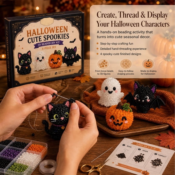 Halloween Bead Embroidery Kit, Mini 3D Beaded Animal DIY Beadwork Craft Kit with Instruction Sheet, Beginner-Friendly Ghost Pumpkin and Black Cat Beaded Embroidery Kits for Craft Lover