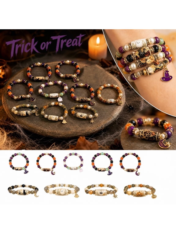 Halloween Beaded Bracelet with Black Cat Charm 4 Inch, Crystal Glass Beads Gold Spacer Beads Halloween Pumpkin Design Decorative Bracelet for Holiday Halloween Party Daily Wear, 1