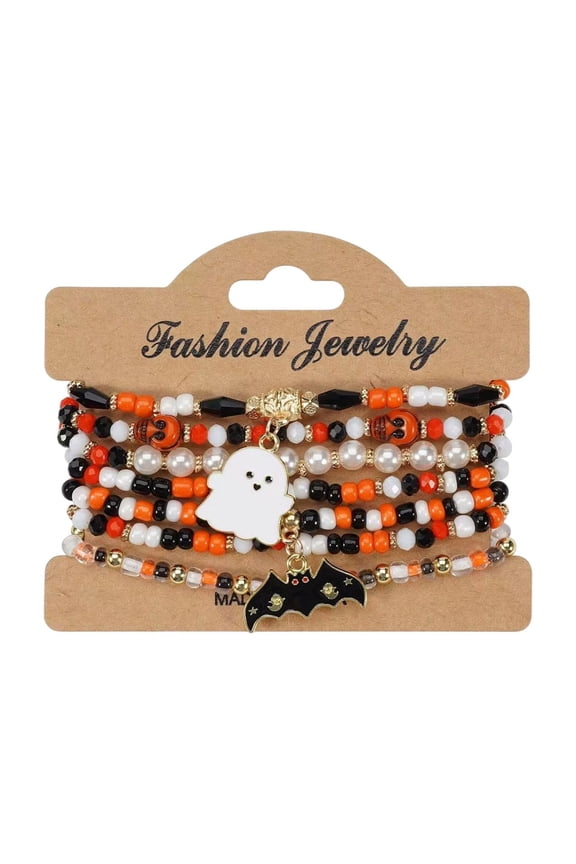 Halloween Beaded Bracelets Set Gothic Layered Stackable Jewelry Featuring Spider Web Bat Skull and Pumpkin Motifs for Festive Costumes Parties and Seasonal Accessories