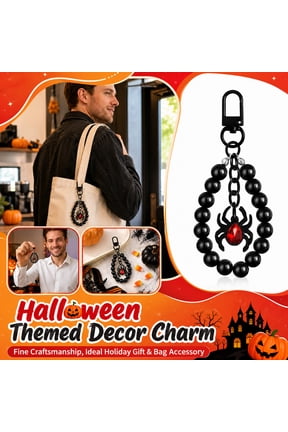 Halloween Beaded Charm Accessory, 3 Piece Goth Beaded Keychain Set, Black Bead Keychain with Halloween Charm, Rhinestone Charm Halloween Backpack Charm, 4X2 Inch Black Metal