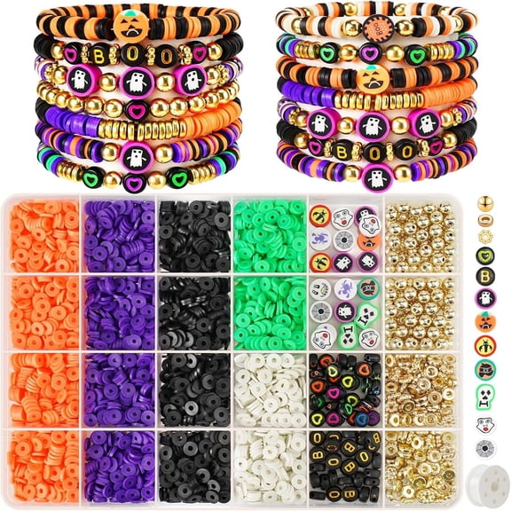 Halloween Beads Bracelets Making Kit, Assorted Cute Fun Beads Polymer Clay Bead Skeleton Bead Charms for Jewelry Necklace Earring Making DIY Crafts