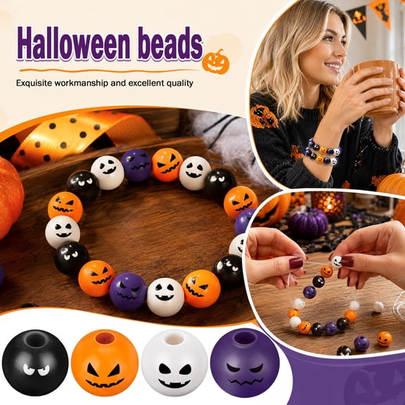 Halloween Beads for Jewelry Making 60 Pcs Round Wooden Loose Beads with Ghost Pumpkin Patterns DIY Craft Supplies for Necklace Bracelet Earring Making Halloween Party Decorations