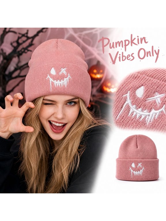 Halloween Beanie Knitted Hat for Men Women, Soft Slouchy Gothic Funny Pumpkin Face Cap with Embroidered Monster Face, Warm Autumn Winter Party Hat Holiday Costume Accessory Pink