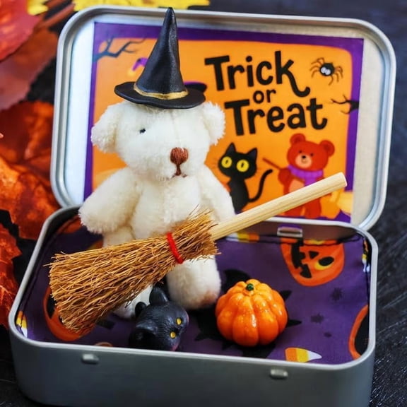 Halloween Bear in a Box for Trick or Treat, Bear in a Box for Trick or Treat - Miniature Witcher,Handmade Witch Bear in Box, with Witch Wizard Blanket Broom Cape Pumpkin Cat