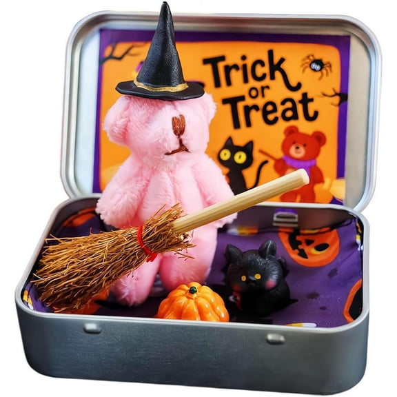 Halloween Bear in a Box for Trick or Treat,Handmade Cute Witch Bear ,with Witcher Miniature, Blanket, Broom, Pumpkin & Cat,Halloween Party Decoration Surprise Gift for Family and Friends