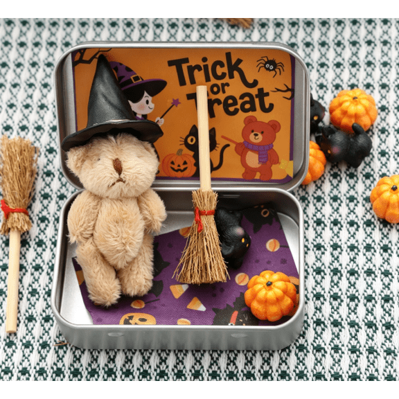 Halloween Bear Gift Box, Mini Stuffed Plush Bear with Candy Box, Cute Halloween Party Favor Trick or Treat Supplies for Kids