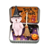 Halloween Bear in a Box for Trick or Treat,Handmade Little Witch Bear in Box, Plush Animal Toys with Broom,Pumpkin & Cat,Halloween Party Favor